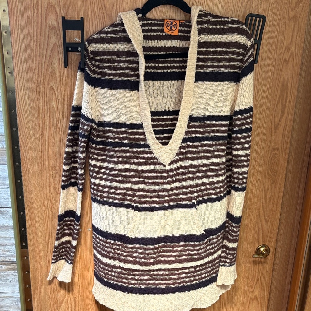 Tory Burch Brown and Cream  and navy Striped V-Neck Sweater w hoodie